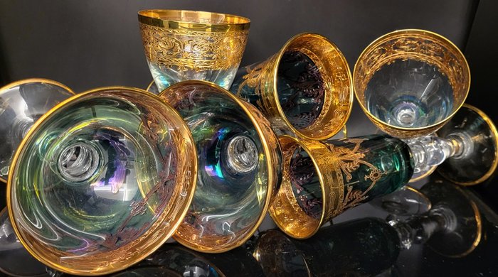Tafelservies (6) - luxe smaragdgroene tete à tete-juwelen in goud - .999 (24 kt) goud, Kristal