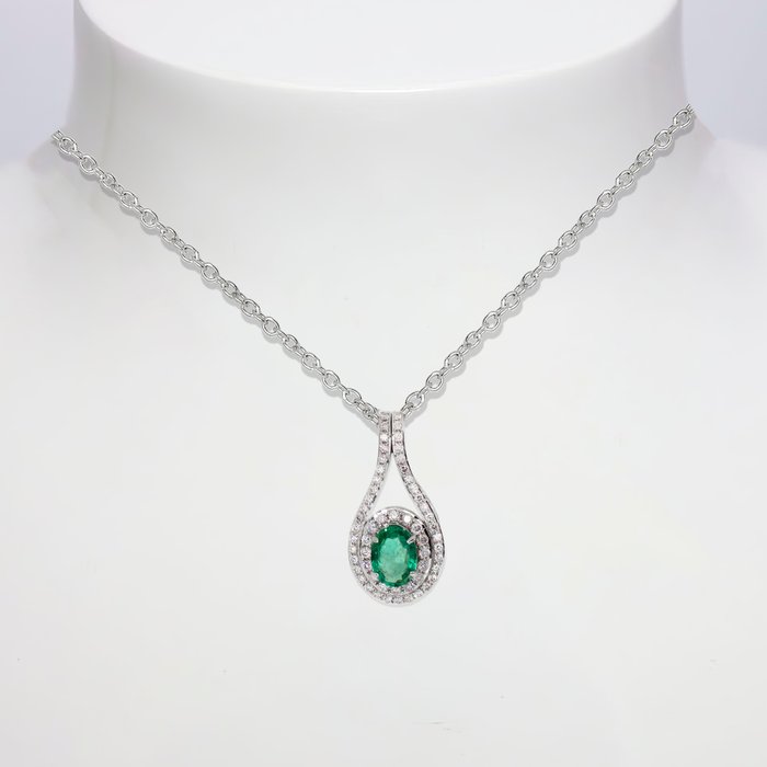 Senza Prezzo di Riserva - IGI 1.14 tw - Collana con ciondolo - 14 carati Oro bianco Smeraldo - Diamante 