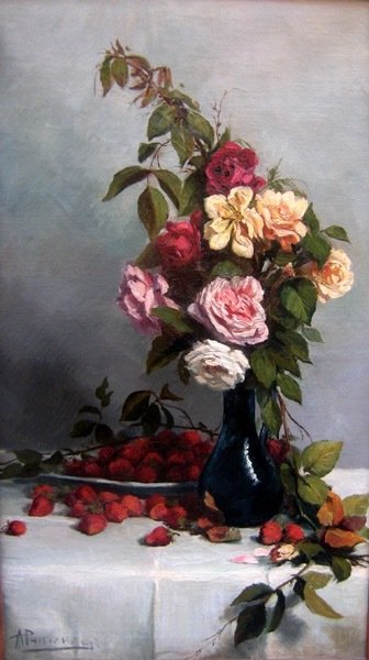 A. Philippon (ca. 1900) - Still life with roses and strawberries