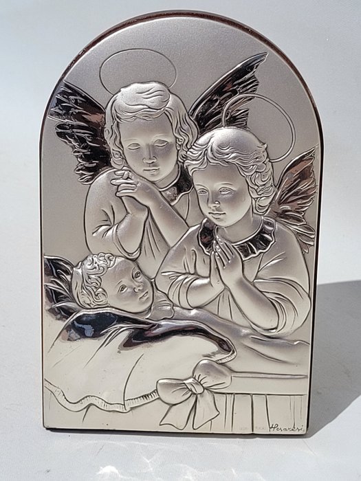 Icoană - Icoana de argint doi ingeri cu copil - Luigi Pesaresi - .925 argint