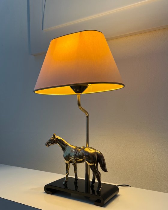 Tafellamp - Hout, Messing, Metaal, Verguld, Chique paard tafellamp in hoogte verstelbaar - Kunsthars