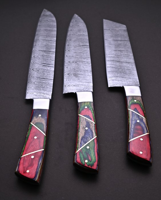 Keittiöveitsi - Chef's knife - Damaskoksen terästä ja Pakka-puuta - Pohjois-Amerikka