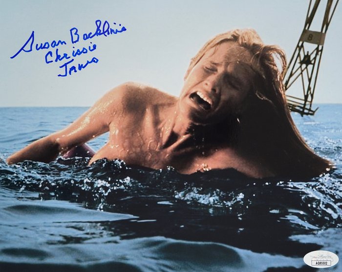 Jaws (1975) - Steven Spielberg - Susan Backlinie  ("First Victim" and the girl on the famous poster) - Autograph, Photo with COA of JSA