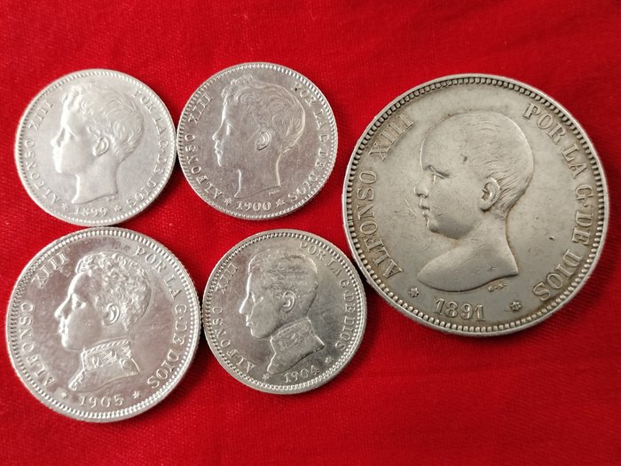 Spagna. Alfonso XIII (1886-1931). 5 Monedas: 5, 2 y 1 Pesetas 1891/1905