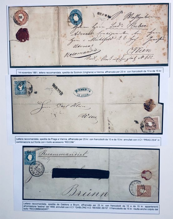 Østrig  - Østrig 1859/1861 parti med 3 rekommanderede breve, sjældne samlet