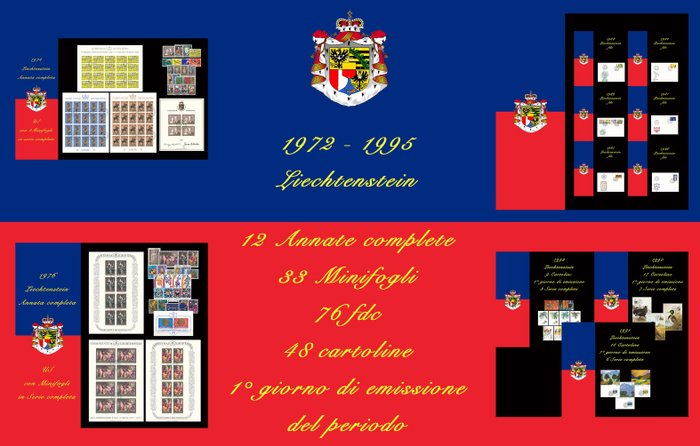 Liechtenstein 1972/1995 - Coleção completa de 12 safras, 33 folhas em miniatura, 76 FDCs e 48 cartões postais em conjuntos