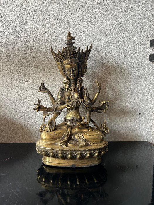Bouddha à 3 têtes et 8 bras - Bronze - Tibet - Fin du 20e siècle