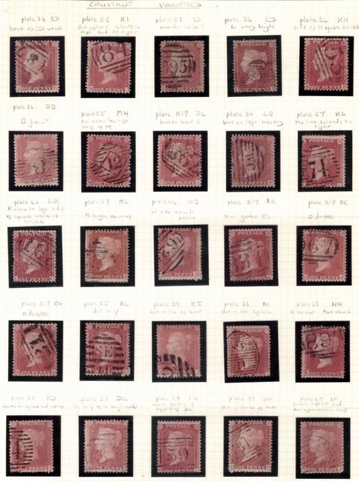 Storbritannien 1855/1857 - 1d stjerne (C10) række med konstante variationer - Stanley Gibbons