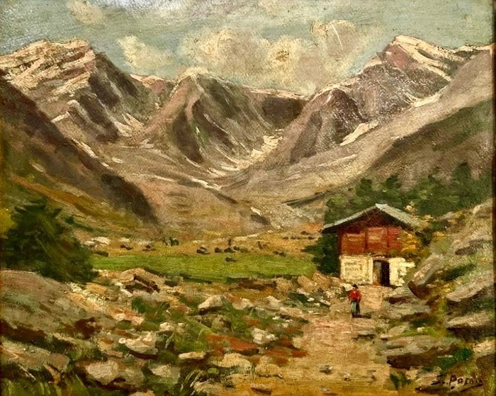 Silvio Poma (1841-1932) - Paesaggio montano con passeggio sul sentiero