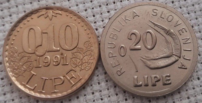 斯洛文尼亚. A Rare Pair (2x) of Post-War Slovenian Coins 0.10 Lipe and 0.20 Lipe (1991)  (没有保留价)