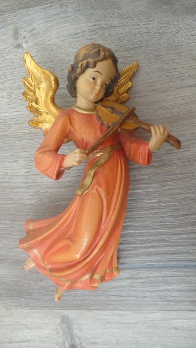 Bildhauer Holzschnitzerei Dorf Tirol - 雕刻, alten farbigen Engel mit  Geige - gefasst Putto geschnitzt - Holzfigur - 16 cm - 木 - 1980