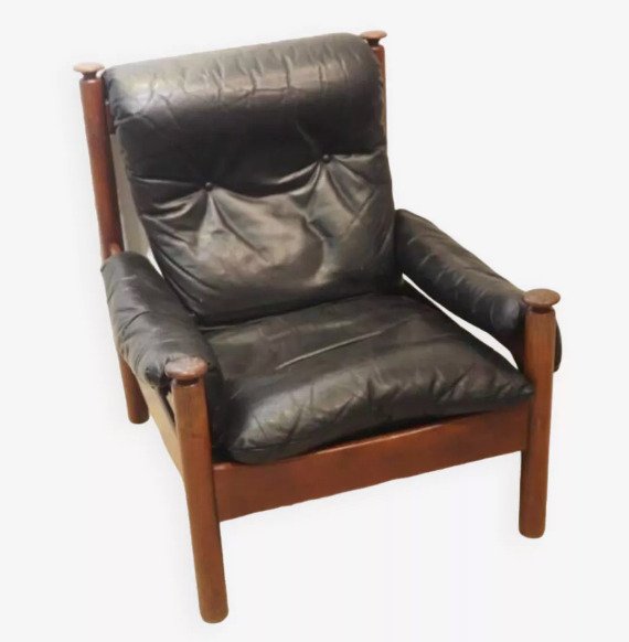 Karosszék - Fekete bőr és fa fotel