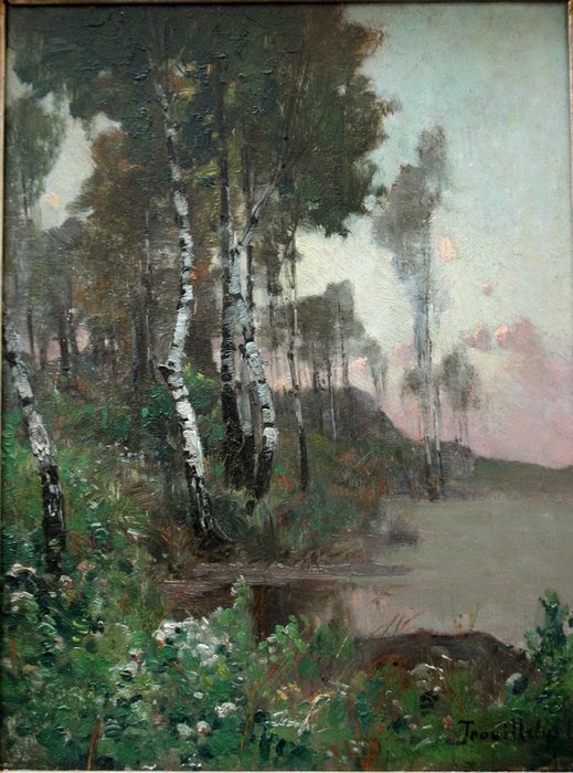 Paul Desire Trouillebert (1829-1900), Attributed to - Birch grove by the lake