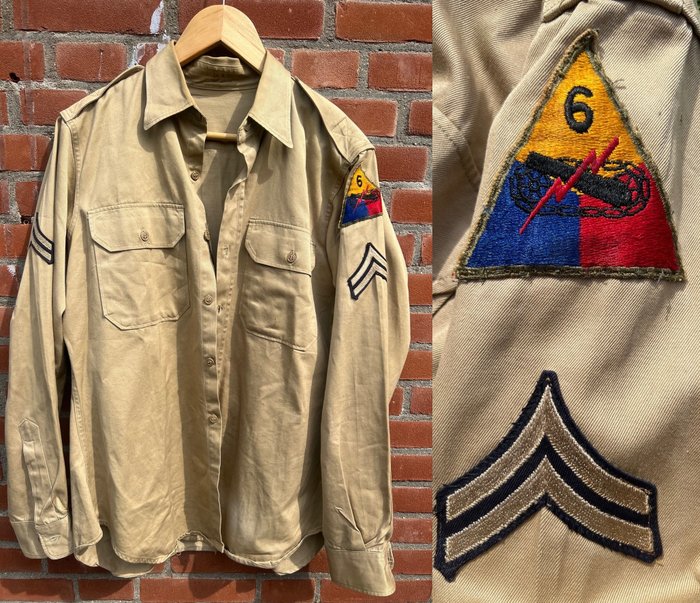 美国 - 二战美国陆军夏季衬衫 - 第六装甲师 - 下士 V 形 - 犹他海滩，法国 - 军装 - 比利时 - 巴斯托涅 - 阿登 - 德国