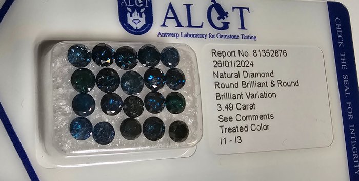 Ingen mindstepris - 20 pcs Diamant  (Farvebehandlet)  - 3.49 ct - Rund Blå - I1, I3 - Antwerp Laboratory for Gemstone Testing (ALGT)