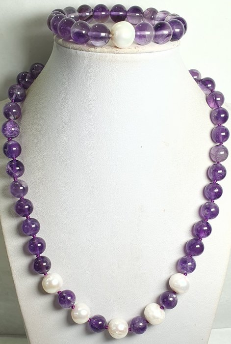 紫水晶 - 天然紫水晶（減輕壓力）-淡水珍珠（心靈成長）-925銀 - 頸鏈