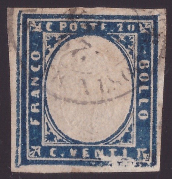 Italienska forntida stater - Sardinien 1860 - 20 cent blå med dubbel bild, varav en är upp och ner, med SARDINIA MILITARY MAIL annullering - Sassone N. 15C