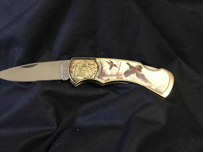 Franklin Mint, Couteau de poche de collection FAISANS plaqué or 24 carats et signé R.B.F - Pocketknife