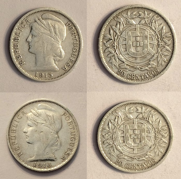 Portugal. Republic. Set  Completo - 20 Centavos - 1913 / 1916 (2 moedas)  (Sans Prix de Réserve)