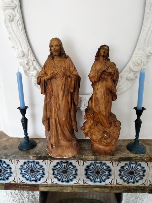 雕塑, Antiguas esculturas "San José y Virgen Inmaculada" Olot 1910-1920 - 47.5 cm - 多彩灰泥
