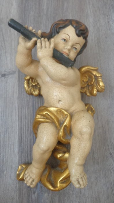 雕刻, farbiger Engel  mit Querflöte  Amor  Wandfigur - HOLZFIGUR - Handarbeit - 24 cm - 木