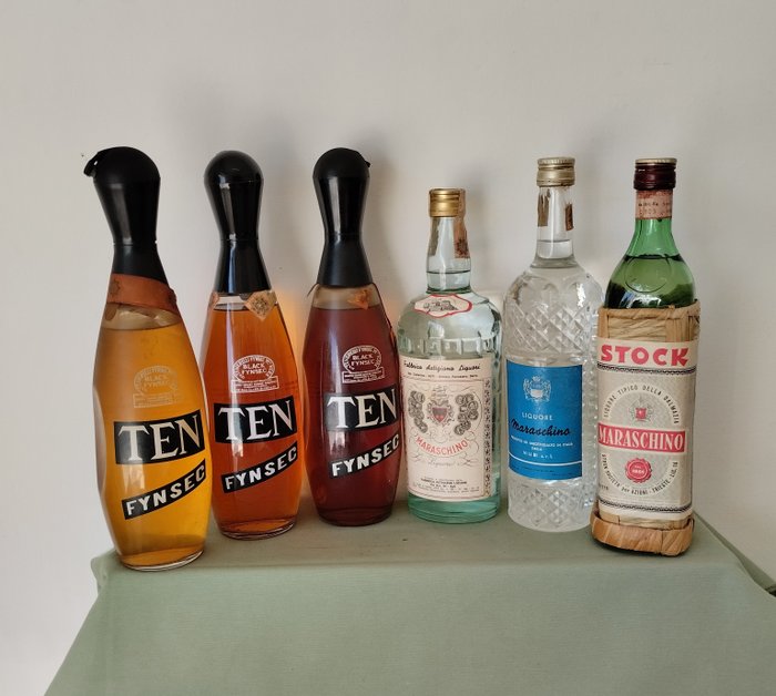 Stock + Astigiana + Vi Li Bi + Ten Finsec - Liquore Maraschino + Ten black + Ten FinSec  - b. 1960er Jahre, 1970er Jahre - 100 cl - 6 flaschen