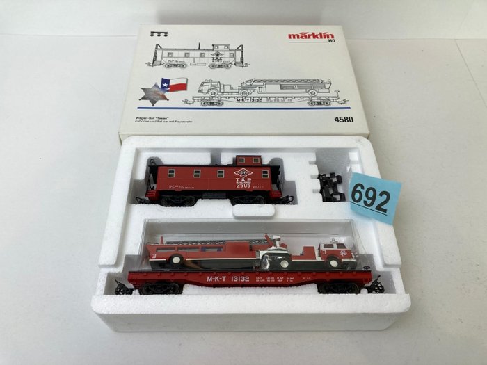 Märklin H0 - 4580 - Conjunto de vagões de carga de modelismo ferroviário (1) - Caboose e carro plano com caminhão de bombeiros - Texas & Pacific
