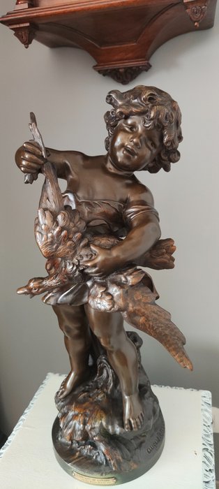 Fabrication française Paris - Auguste Moreau (1834-1917) - 雕刻, L'Enfant au Canard - 55 cm - 合金 - 1906