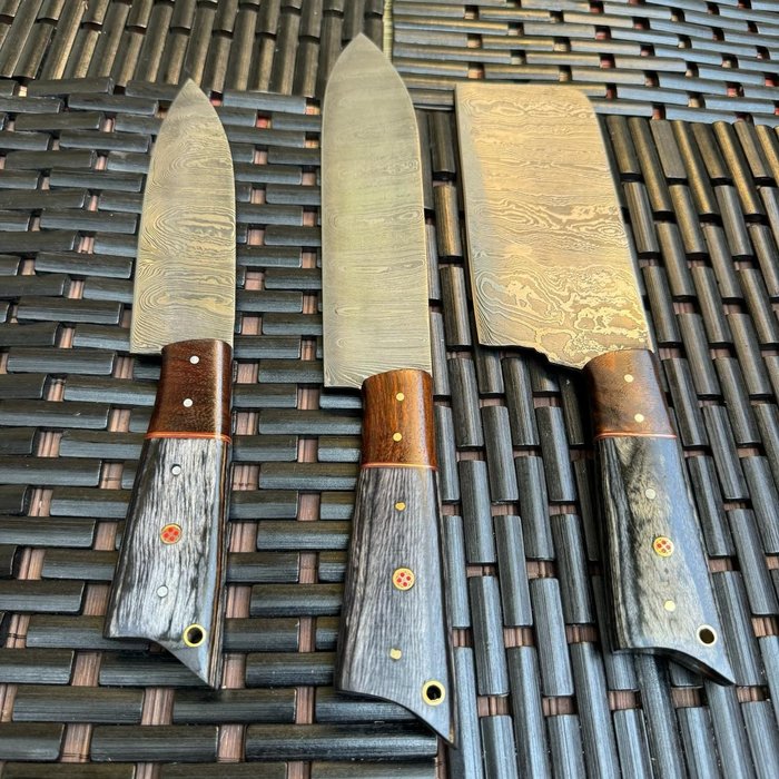 Konyhakés - Chef's knife - Damaszt, Profasnoal 3, különleges konyhai késkészlet, a legjobb konyháihoz, tűzben kovácsolt 1095/15n20 - Dél-Amerika