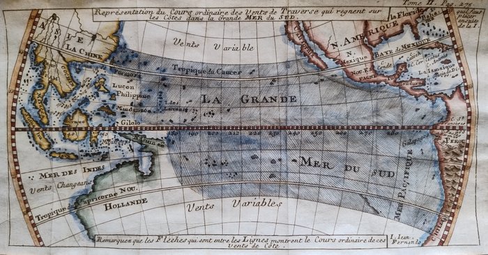 Weltkarte, Landkarte - Pazifik / Asien / Australien / Amerika; Bellin - Representation du Cours ordinaire des Vents de Traverse qui regnent sur les Cotes dans la Grande Mer - 1721-1750