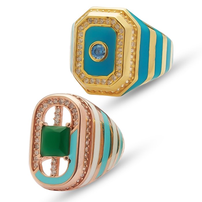 χωρίς τιμή ασφαλείας - 2 Art Deco style Rings - Σετ κοσμημάτων 2 τεμαχίων Ασημί 