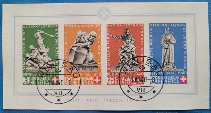 Sveitsi 1940 - BF:n kansallinen vapaapäivä postileima WILLISAU 1.8.40 kansallinen vapaapäivä - Zu B 12 / Mi Bl.  5
