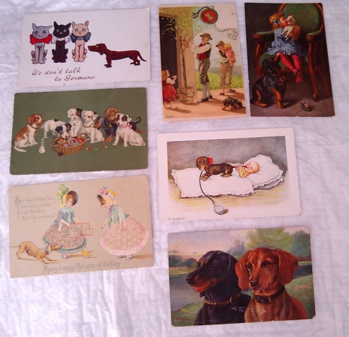 Fantasía, Lote de 7 postales vintage antiguas de Mailick de perros Dachshund - Postal - 1920-1910