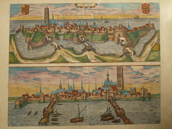 Países Bajos, Plano urbano - Harderwijk; G. Braun / F. Hogenberg - Herderwyck - alrededor de 1596