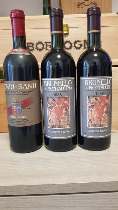 1989 Biondi Santi Rosso di Montalcino & 1986 x2 Luigi Cecchi Brunello di Montalcino - Toscane - 3 Flessen (0.75 liter)