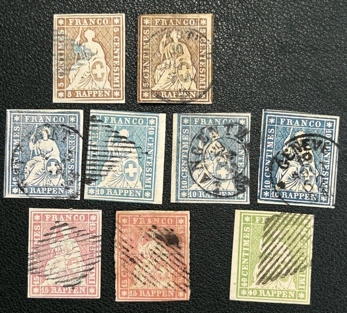Zwitserland 1854 - Zwitserland - 9 Marken in sehr schöner Erhaltung aus Mi.Nr. 13 bis 17 verschiedene Drucke