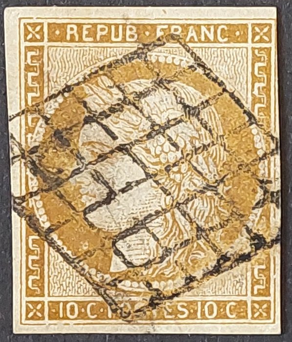 Frankreich 1850 - 10 EL. bistre-gelb mit Tendenz zur bistre-grünlichen Nuance - Yvert 1a