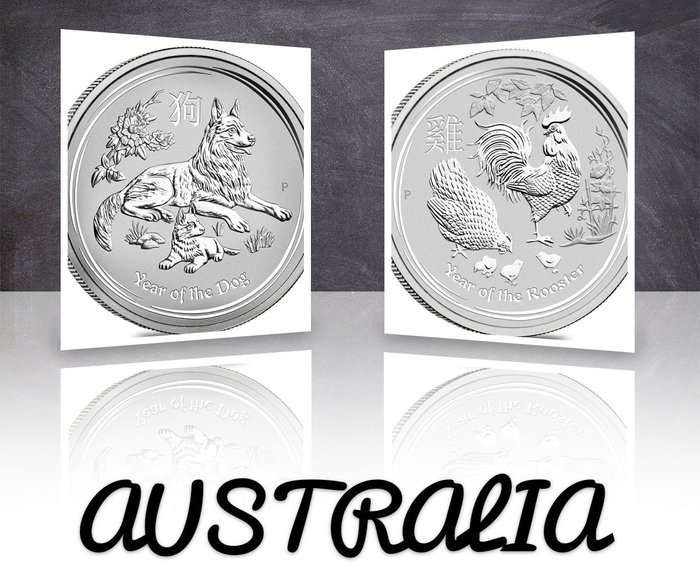 Australien. 50 Cent 2017/2018 Year of Rooster + Year of the Dog, 2x1/2 Oz (.999)  (Utan reservationspris)