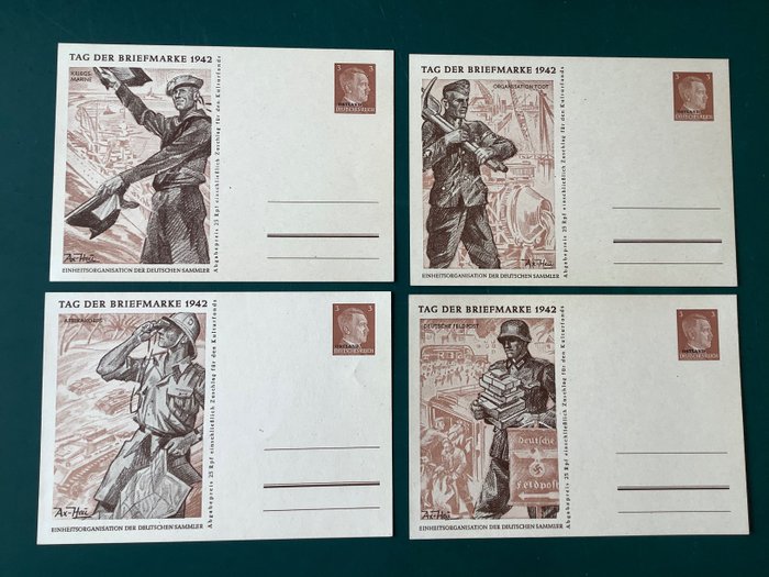 Saksan valtakunta - Ostland 1942 - 4 kenttäpostikorttia sotakuvilla - Michel