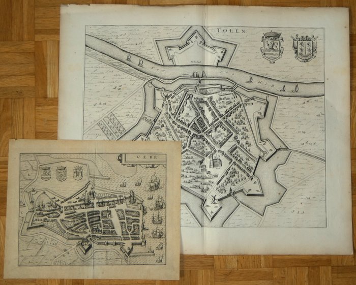 Nederländerna, Stadsplan - Veere & Tholen; Ludovico Guicciardini (1521-1589) & Joan Blaeu (1596-1675) - Vere & Tolen - 1649 och 1652