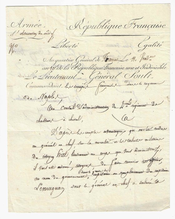 Jean-de-Dieu Soult [maréchal d'Empire] - Lettre signée - 1801