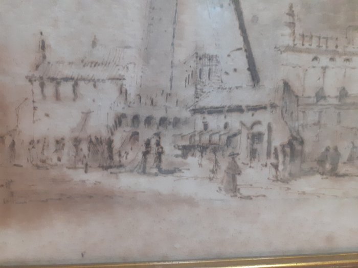Scuola bolognese (XVIII) - Bologna, piazza con veduta della torre garisenda e degli asinelli