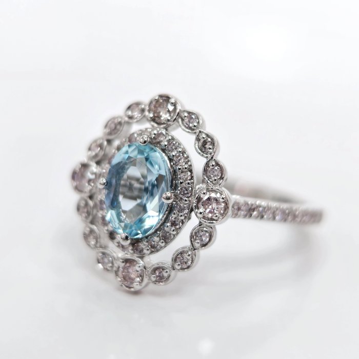 14 克拉 白金 - 戒指 - 0.70 ct 海藍寶石 - 鑽石