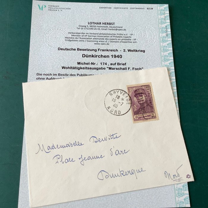 Imperiul German - Ocuparea Franței (1941-1945) 1940 - Dunkerque: Marschall Foch cu amprenta tip I pe scrisoare - certificat foto Herbst BPP - Michel 174