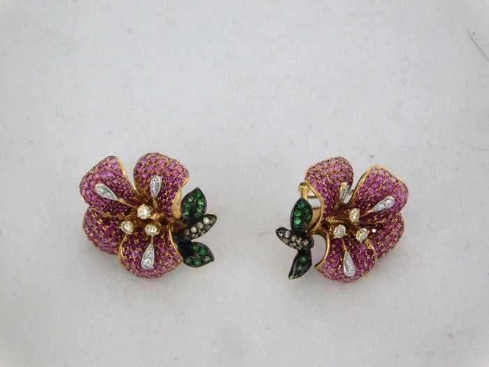 Earrings - 18 kt. Rose gold, White gold Diamond  (Natural) - Ruby 
