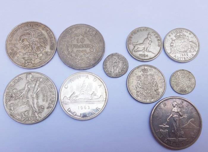 世界. Lotto di 10 monete (9 in argento)  (沒有保留價)