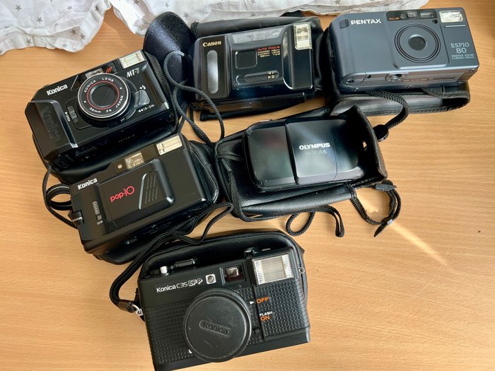 Canon, Konica, Olympus, Pentax MT-7, pop-10, C35 EFP, Stylus, Espio 80, AF 35j - 6 verschillene Analóg kompakt fényképezőgép