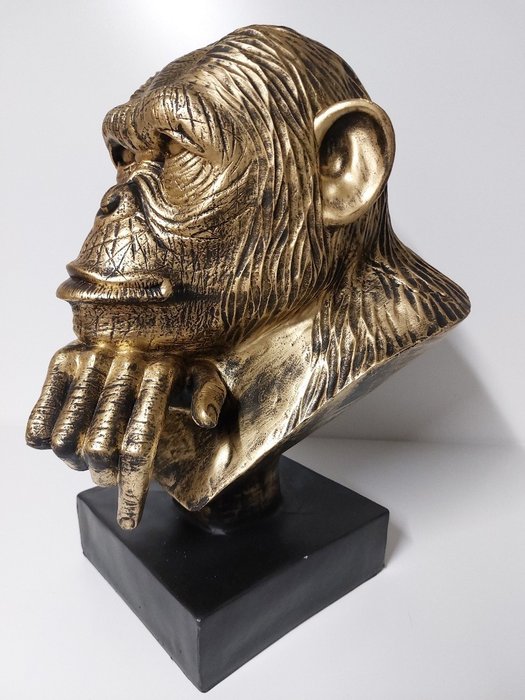 Statue, Stylish head of a monkey golden bronze on black console - 42 cm - Polyresin