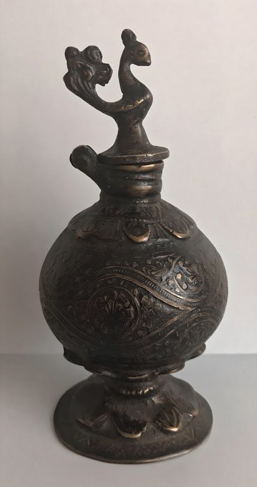 带盖墨水瓶，顶部有孔雀雕像 - 青铜 - 印度拉贾斯坦邦 - 20世纪初
