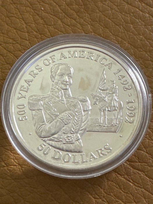 Cookeilanden. 50 Dollars 1990 Series 500 Years of America 1492-1992, 1 Oz Proof  (Zonder Minimumprijs)